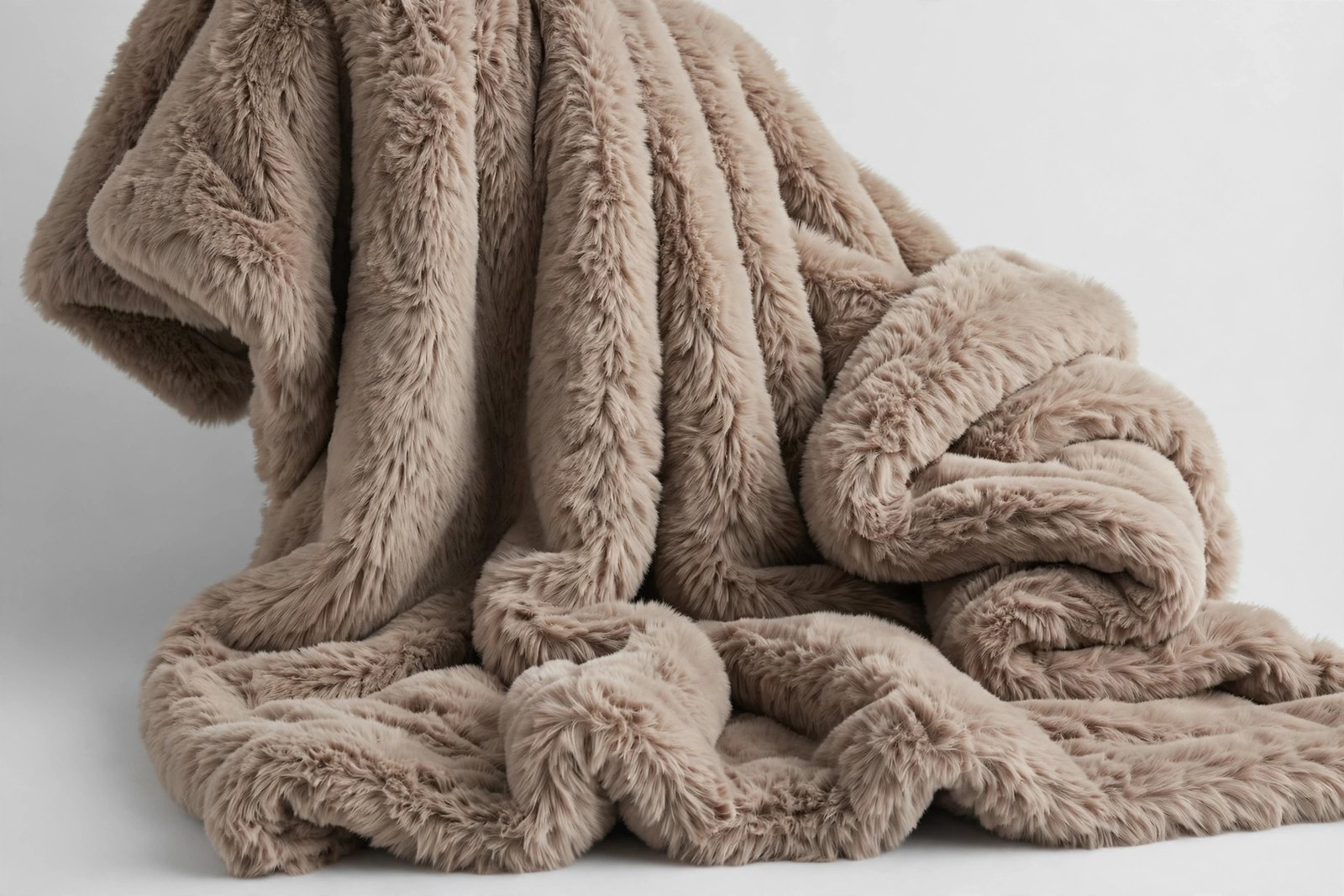 Taupe ultra-soft shag faux fur pet throw blanket draped
