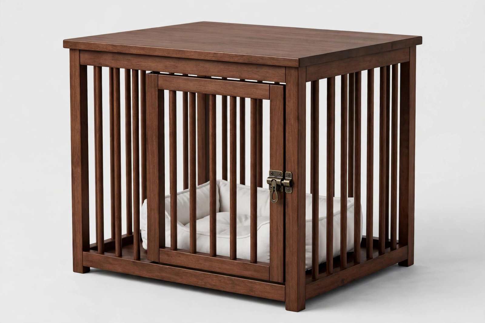 Espresso solid wood end-table dog crate with slat spindles and a small front gate door