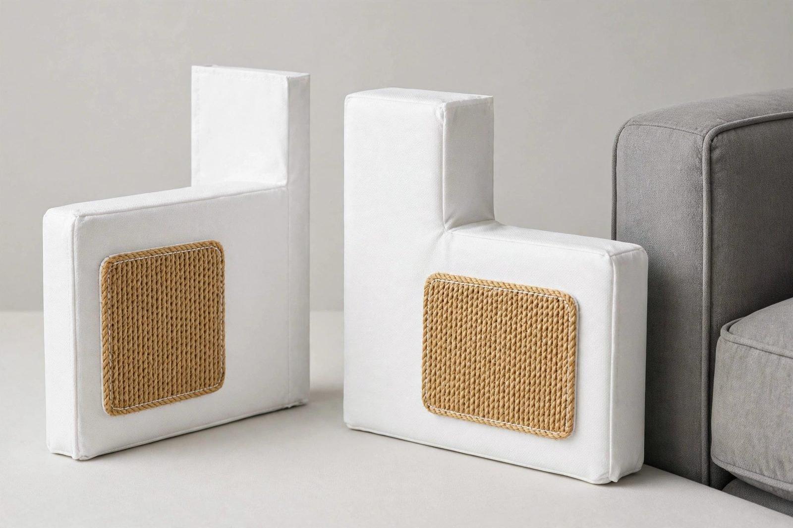White fabric sofa corner protector with natural sisal rope scratching pad beside a gray couch arm