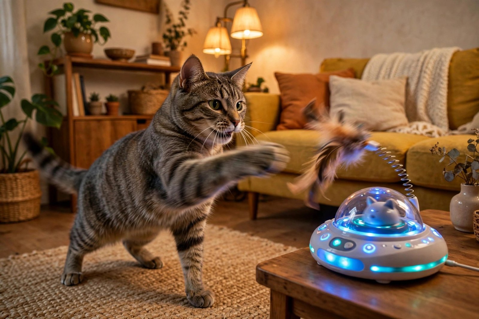 Cat playing with an interactive electronic toy in a small apartment