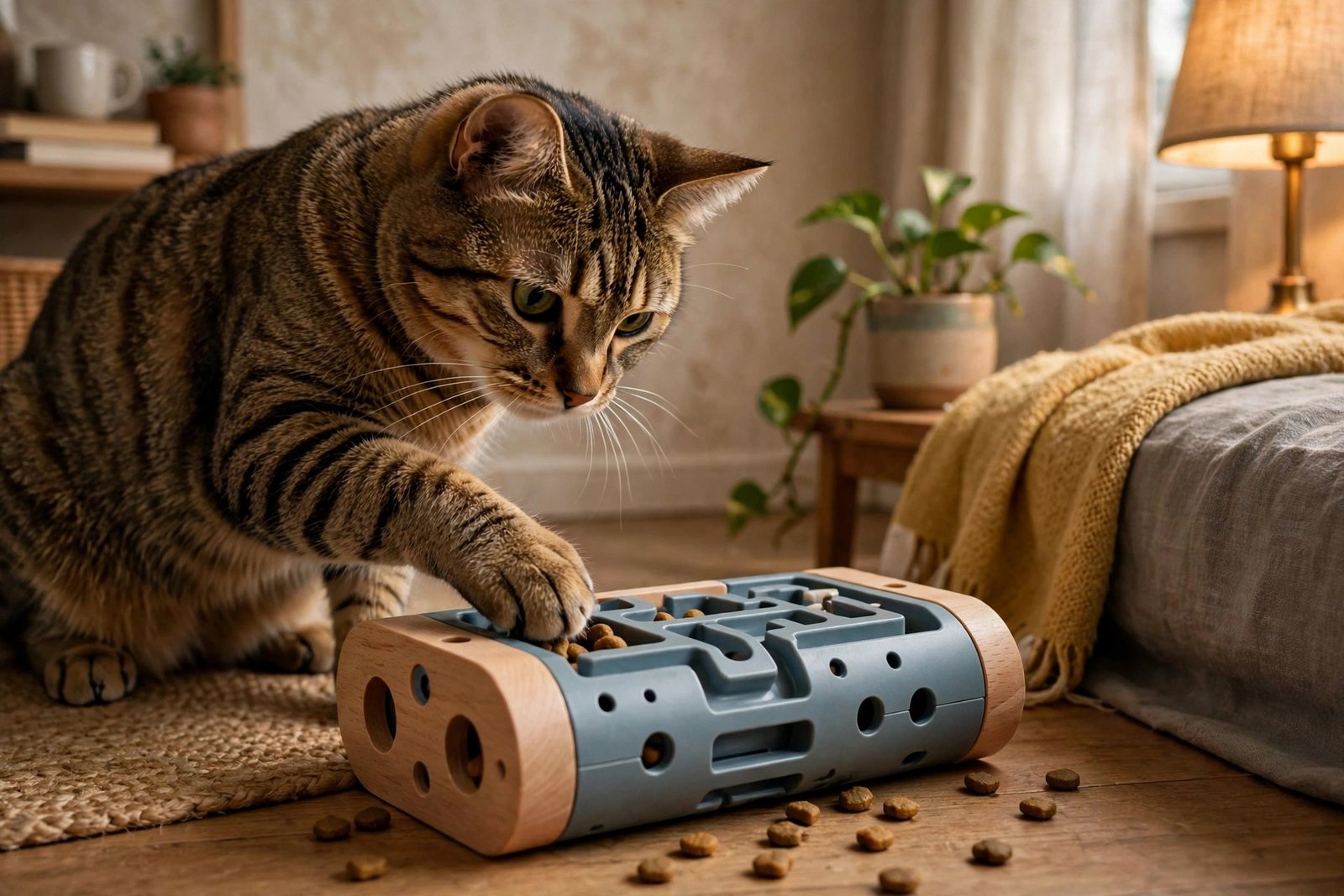 Cat working a puzzle feeder in a small apartment