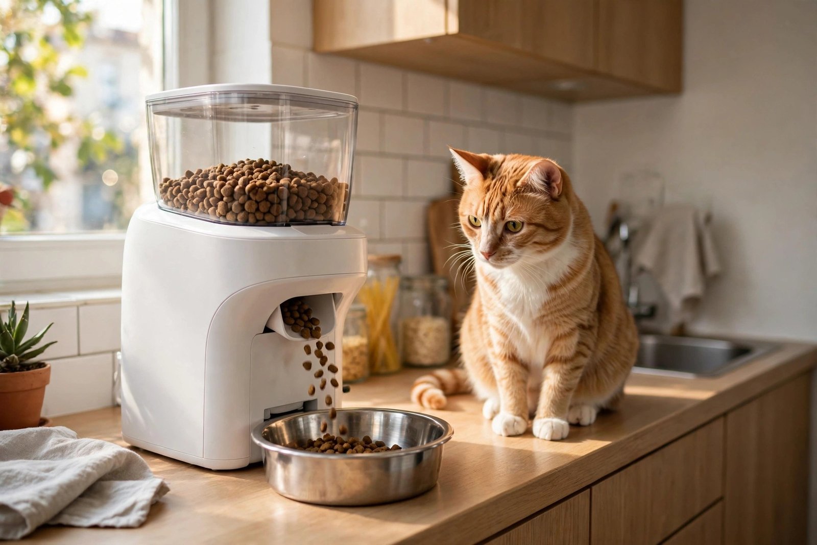 Automatic cat feeder dispensing kibble in a small apartment kitchen