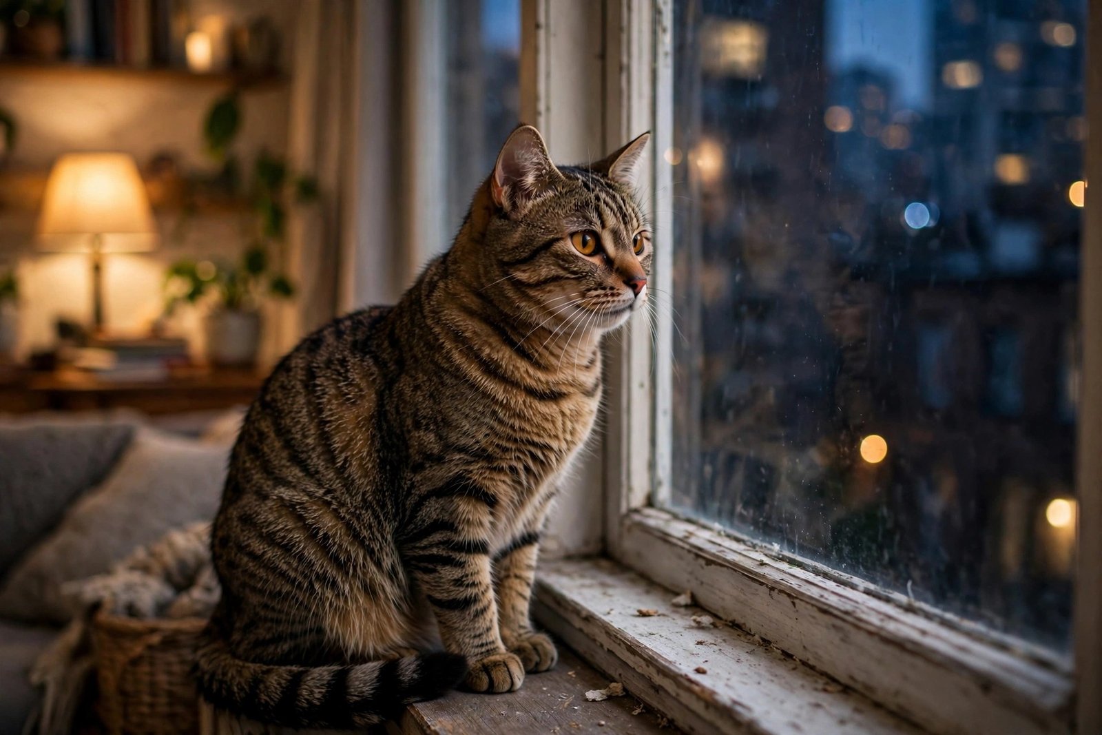 Tabby cat staring out an apartment window looking restless