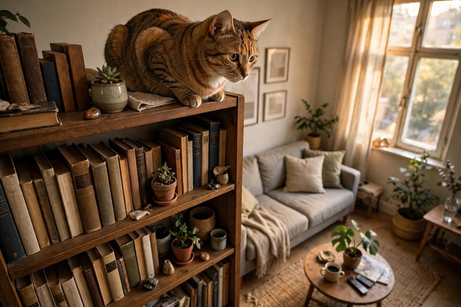 Cat perched high on a bookshelf surveying a small apartment