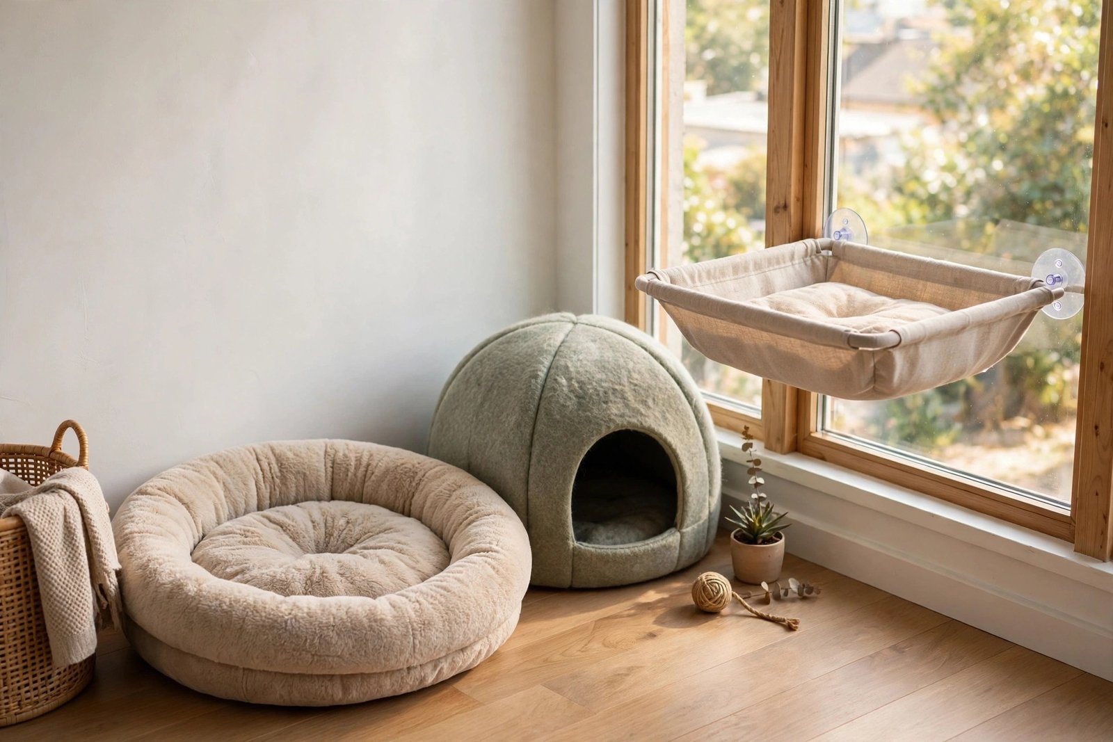 Assortment of cozy cat beds in a small apartment corner