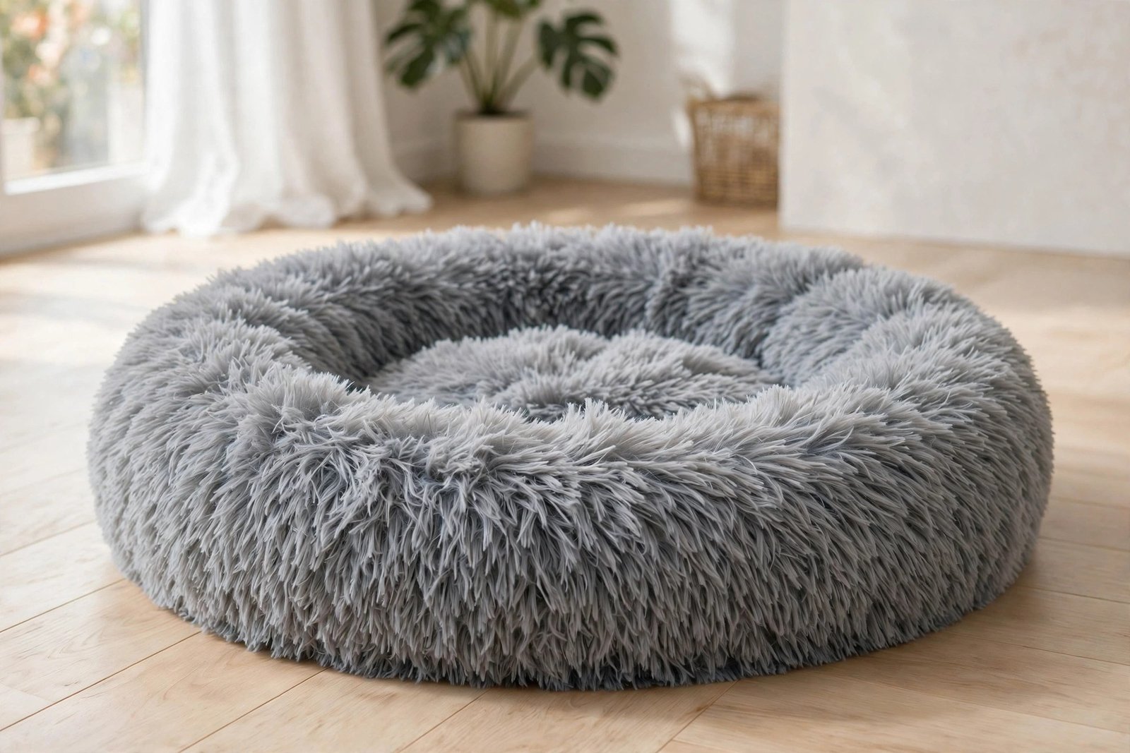 FurHaven Calming Cuddler donut pet bed in mist gray