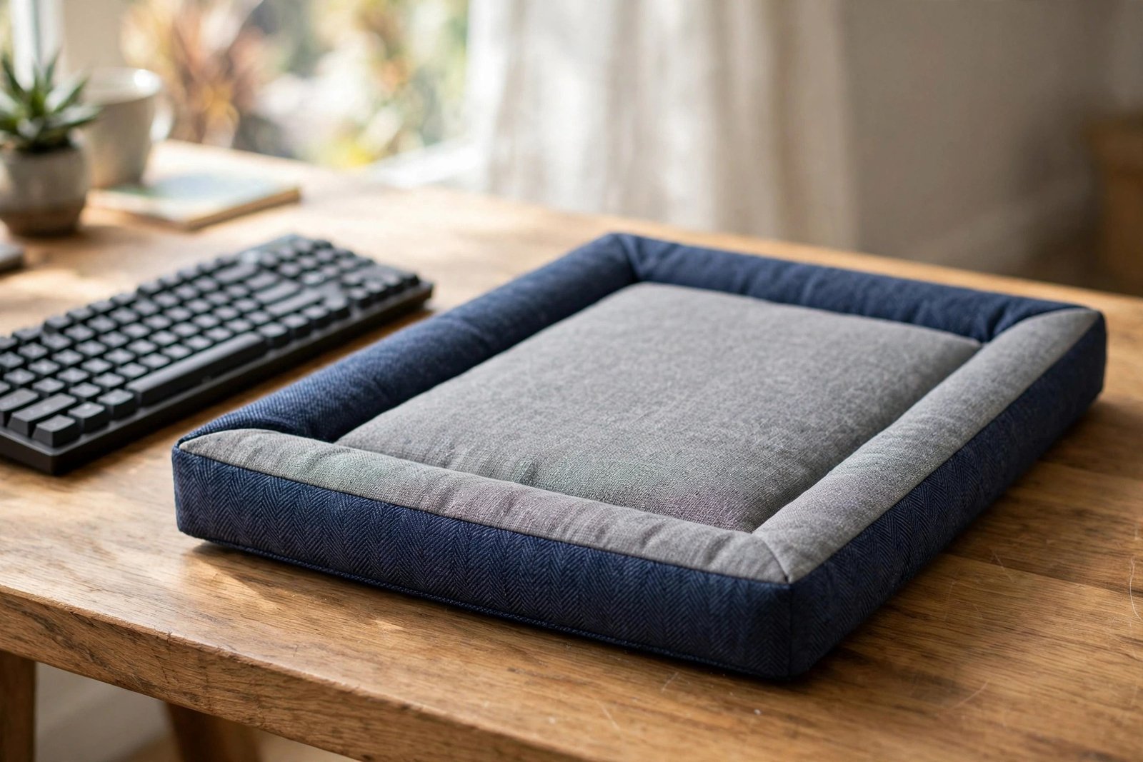 Whisker City bolster cat bed in gray and navy on a desk