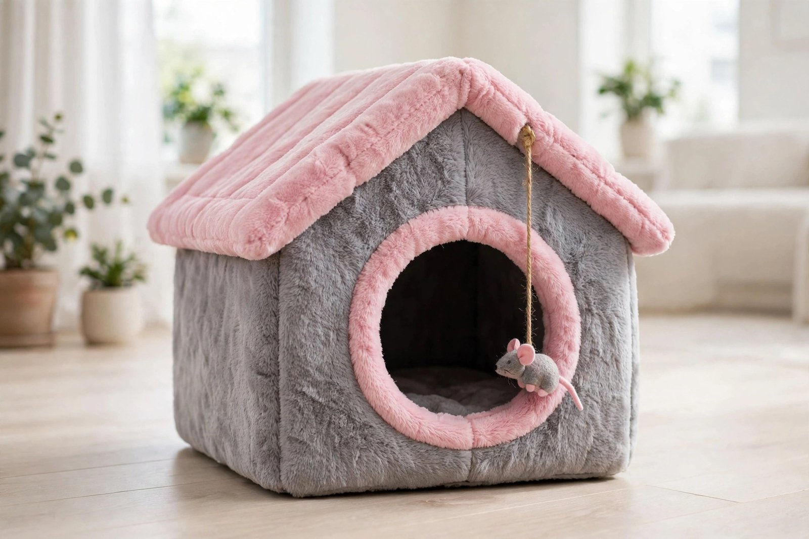 Whisker City fur hideaway cat bed in gray and pink