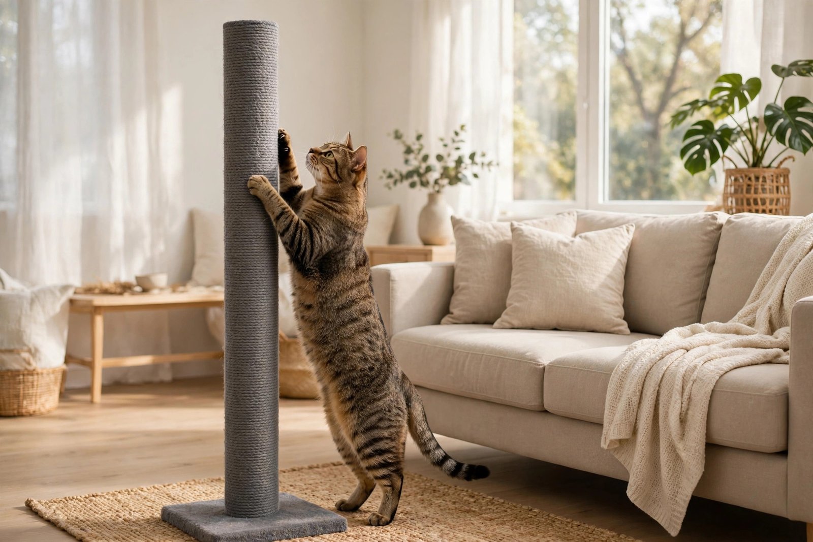 Cat scratching a tall gray sisal scratching post beside a sofa in an apartment living room