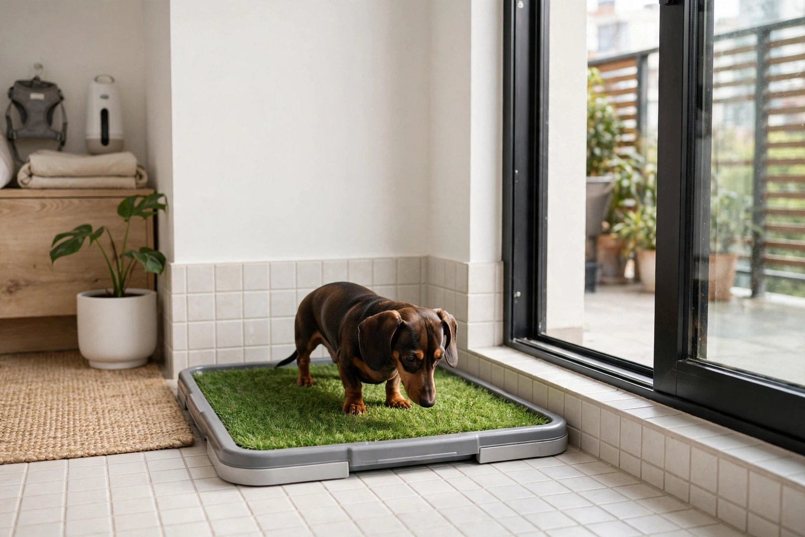 Small dog using an indoor grass potty pad in an apartment