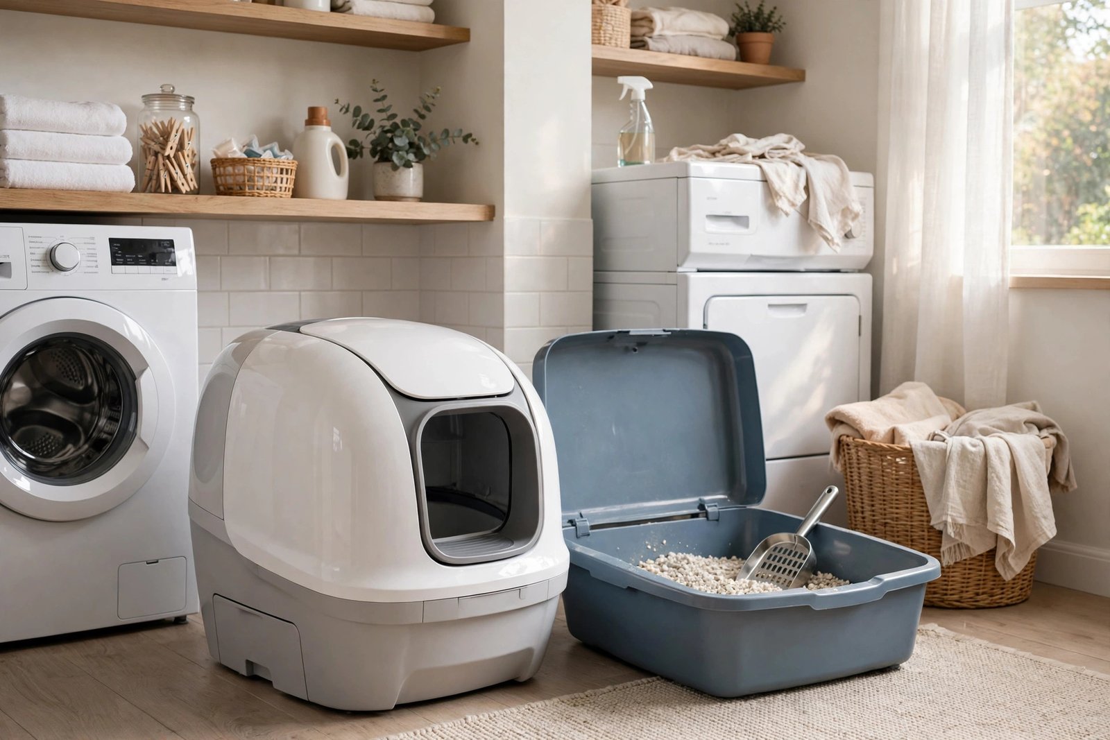 Self-cleaning litter box beside a manual litter box in an apartment