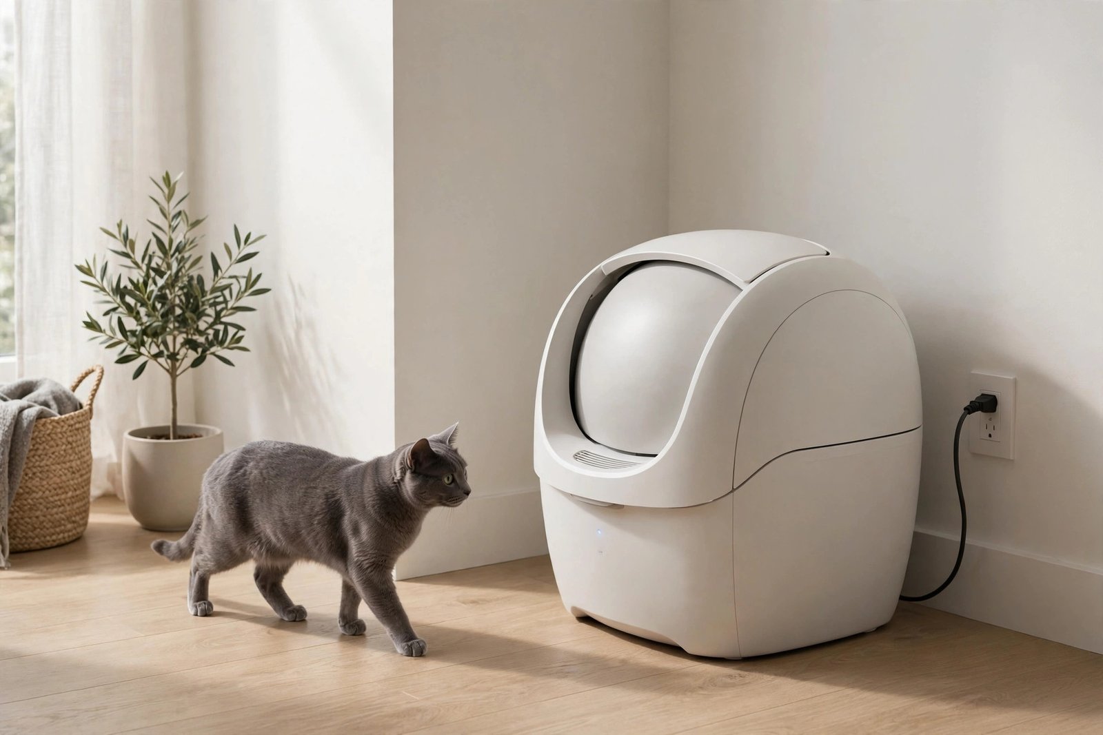 Automatic self-cleaning litter box in a modern apartment corner with a cat
