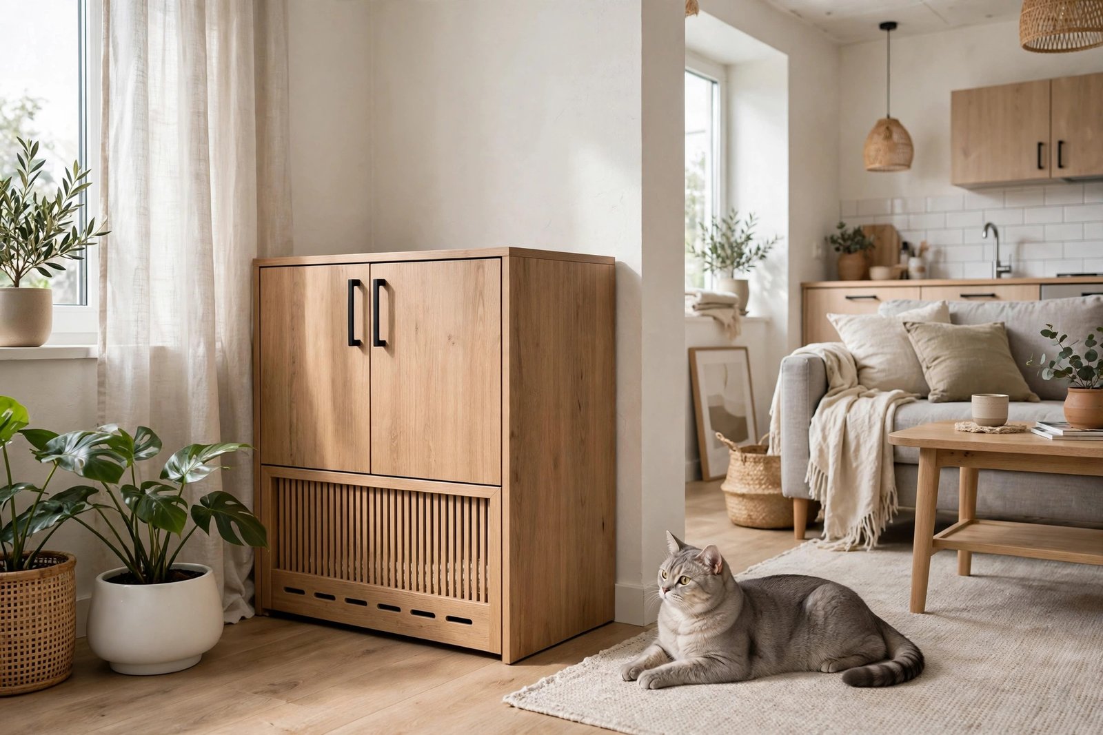 Covered litter box tucked into a small studio apartment corner