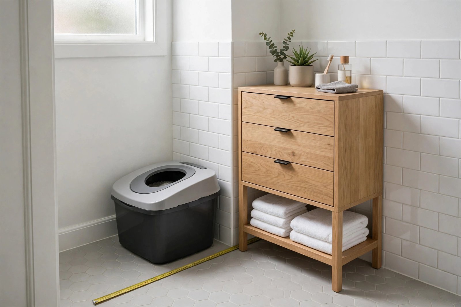 Top-entry litter box in a compact apartment bathroom corner