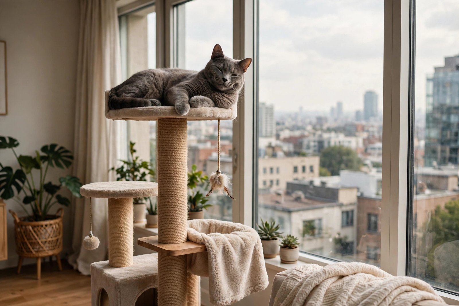 Gray cat lounging on a cat tree perch beside an apartment window