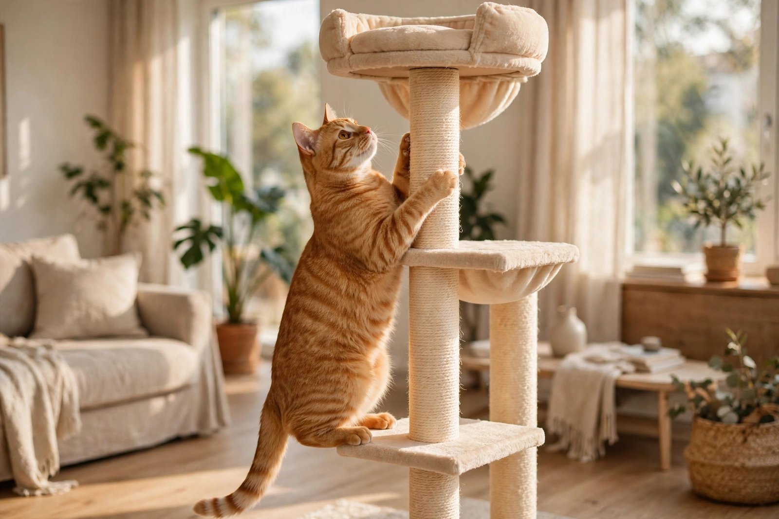 Tabby cat climbing a new tall cat tree in an apartment living room
