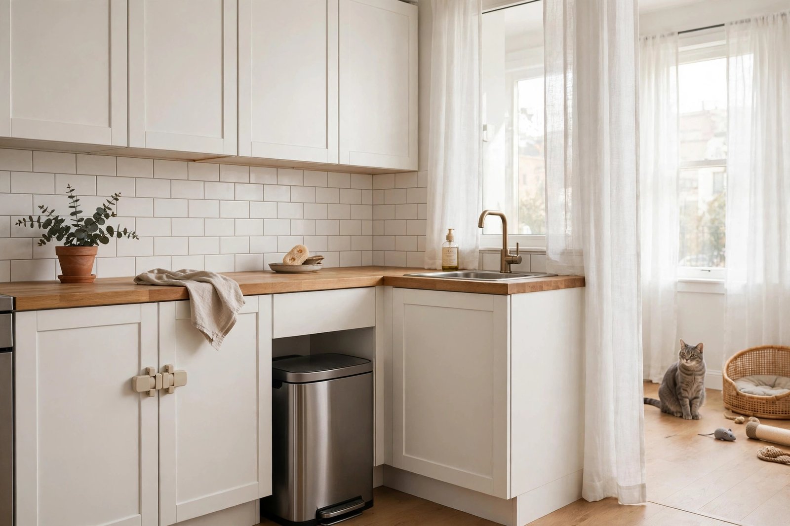 Cat-safe apartment kitchen with cabinet locks and secured trash bin