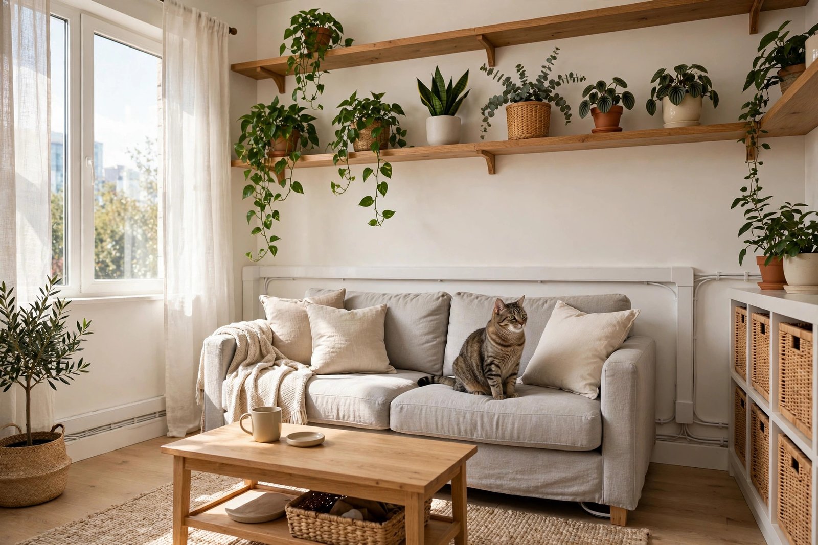 Cat-proofed apartment living room with plants on high shelves and hidden cords