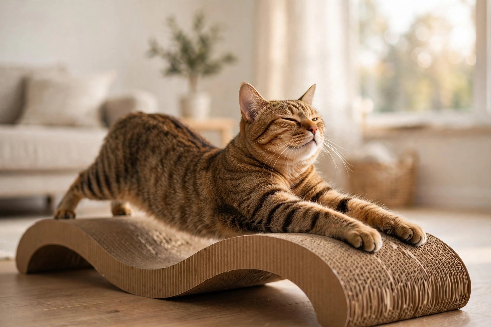 Tabby cat lounging on a cardboard scratcher lounge in a bright apartment