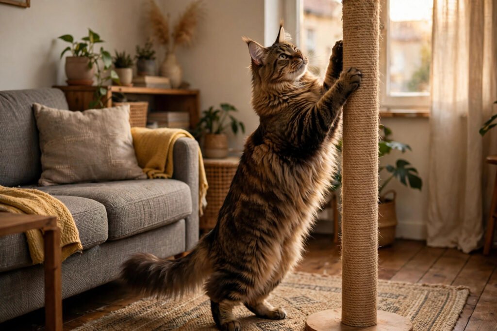 Large Maine Coon cat stretching up a tall sisal scratching post in a cozy apartment living room