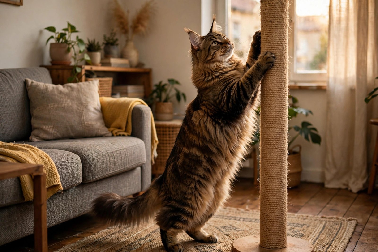 Large Maine Coon cat stretching up a tall sisal scratching post in a cozy apartment living room