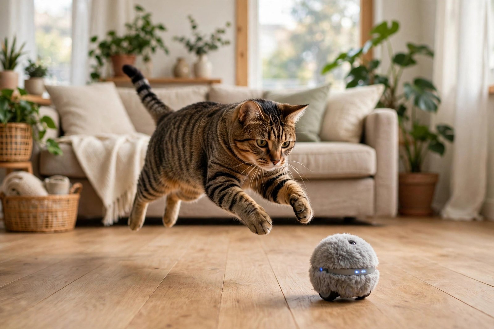 Tabby cat pouncing on a self-moving interactive toy ball in a bright apartment living room