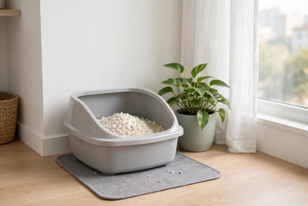 Clean modern litter box area with fresh litter in a small bright apartment