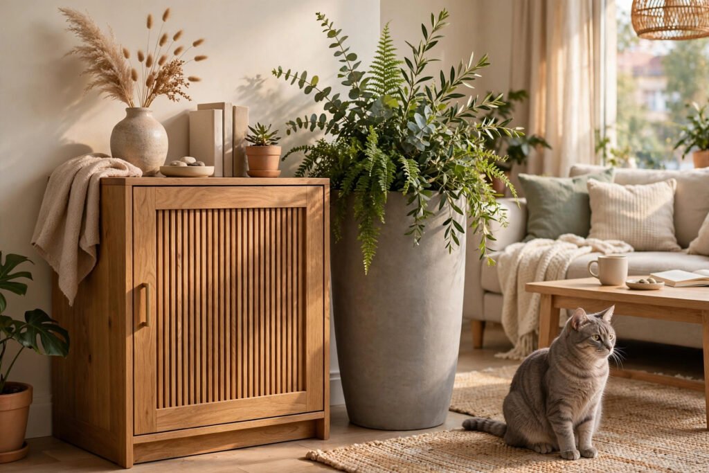 Hidden litter box furniture styled in a small apartment living room with a cat nearby