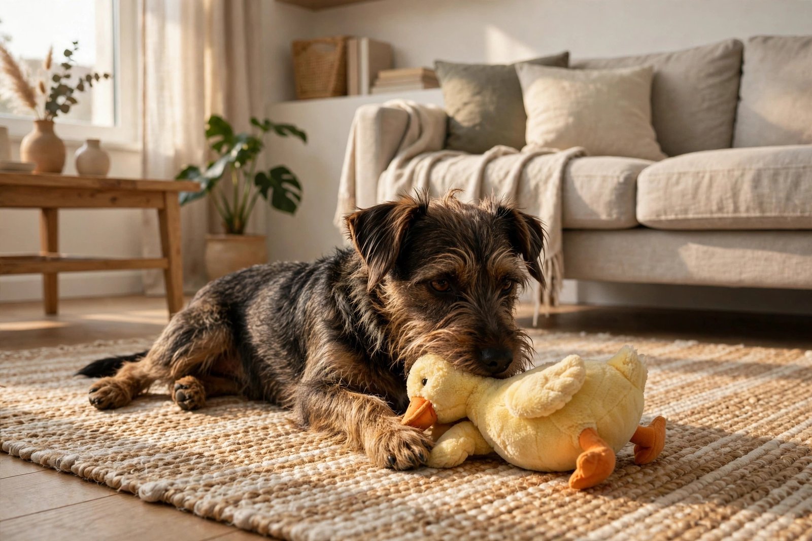 Small terrier-type dog playing quietly with a plush toy in a cozy apartment living room