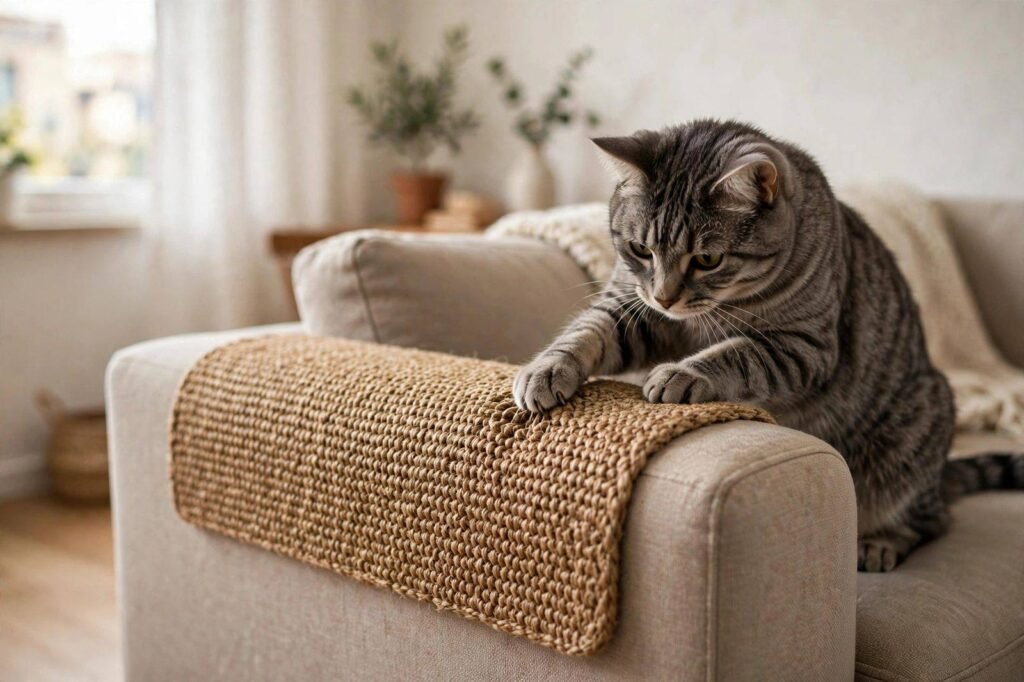 Gray tabby cat scratching a natural sisal mat draped over a beige couch arm in an apartment living room