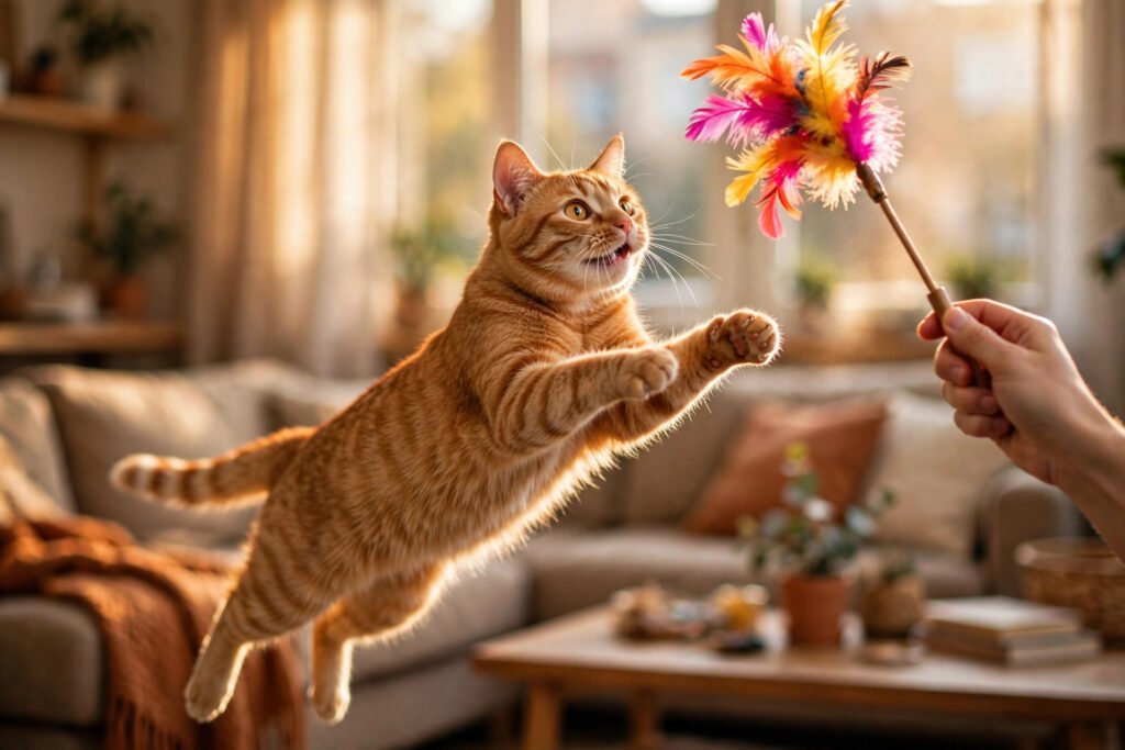Orange tabby cat leaping mid-air to catch a feather teaser wand in a cozy apartment living room