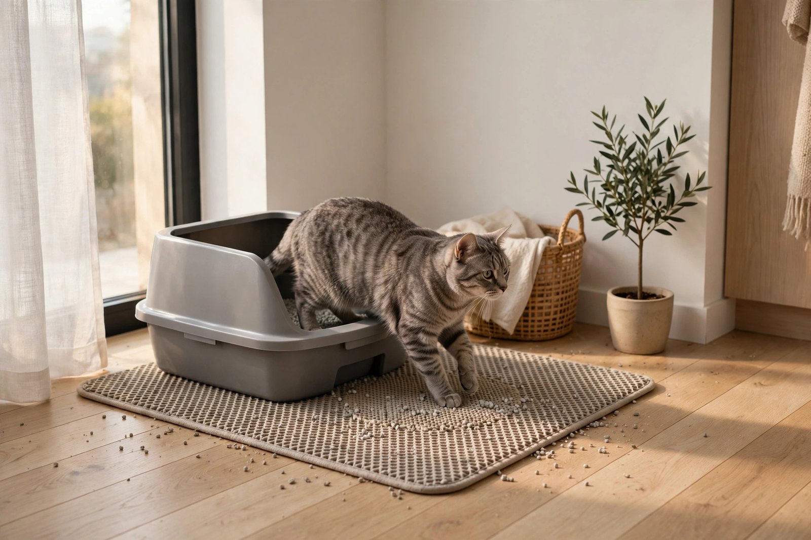 Grey tabby cat stepping out of a litter box onto a litter trapping mat in a small apartment