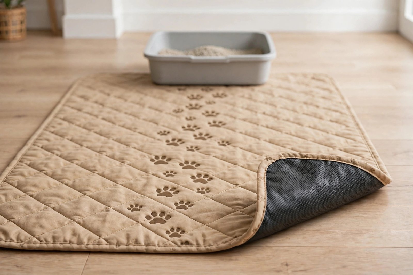 Tan Drymate quilted litter mat with paw print path pattern