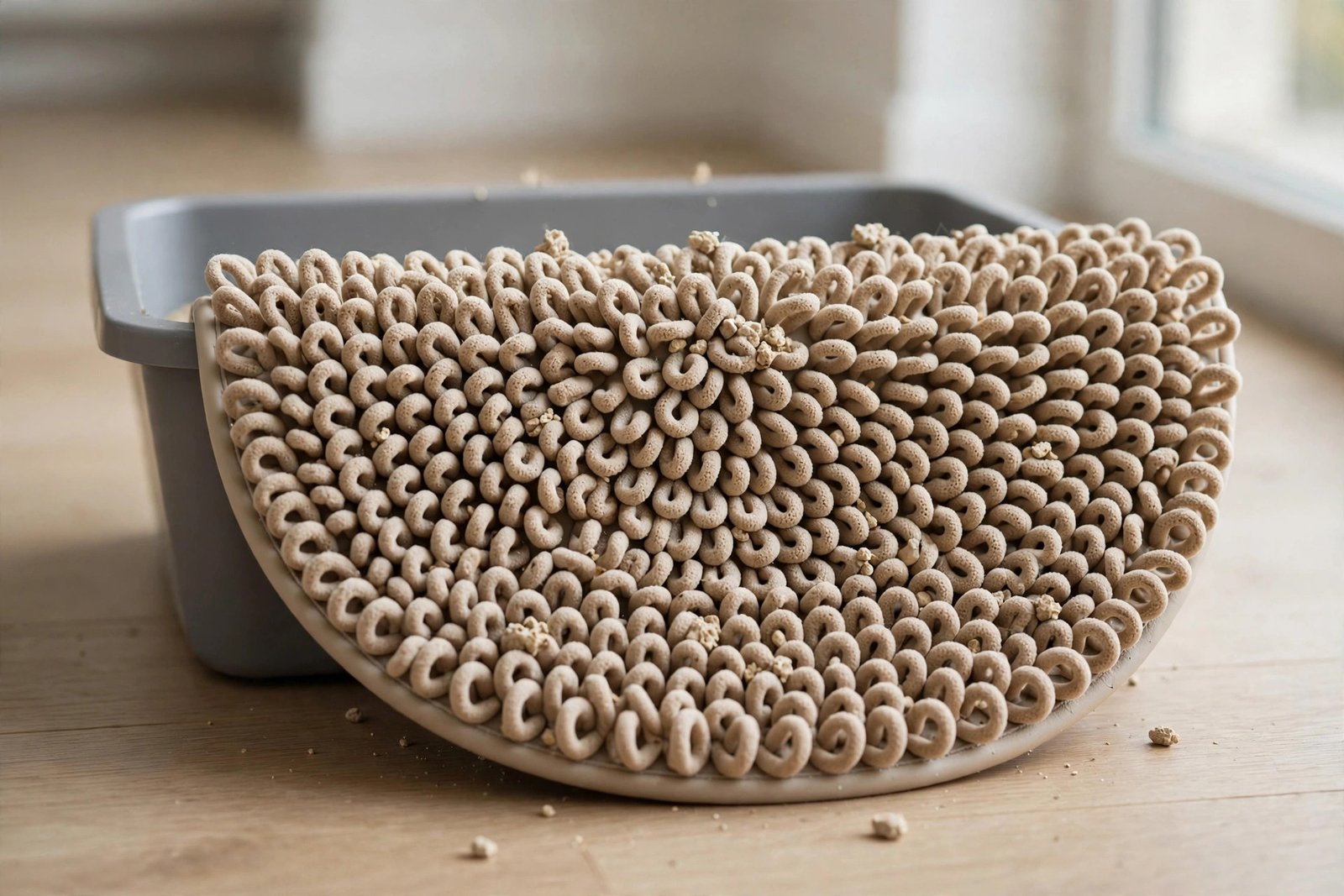 Beige half-moon Frisco litter mat hugging a litter box