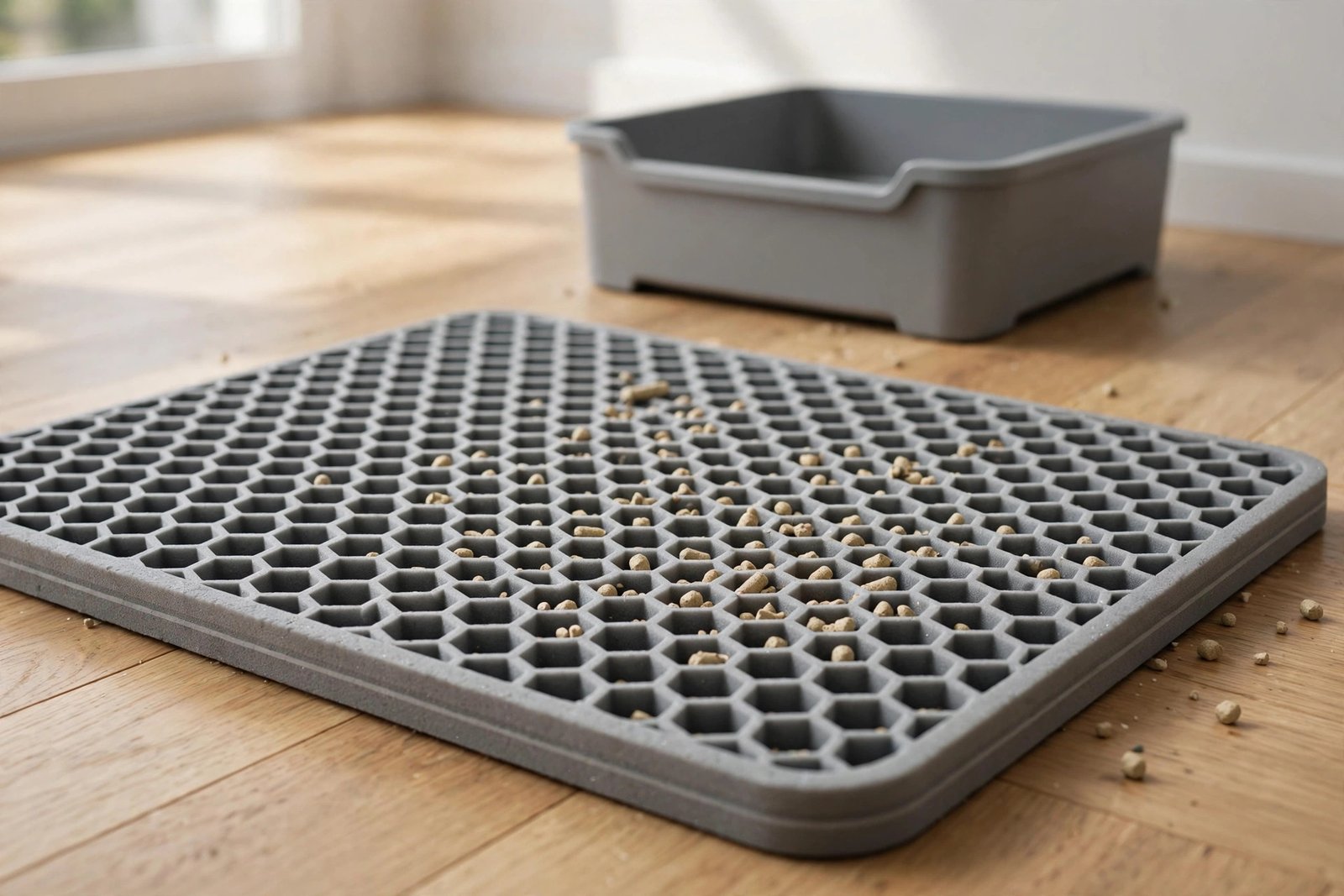 Grey double-layer honeycomb cat litter trapping mat in front of a litter box