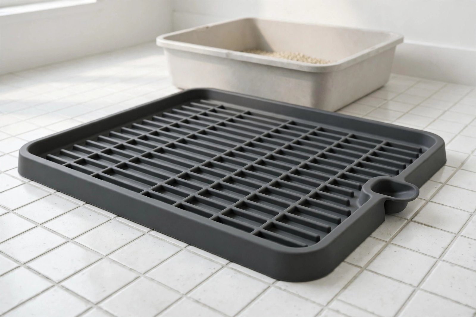 Grey PetFusion ToughGrip silicone litter mat with raised lip and side spout