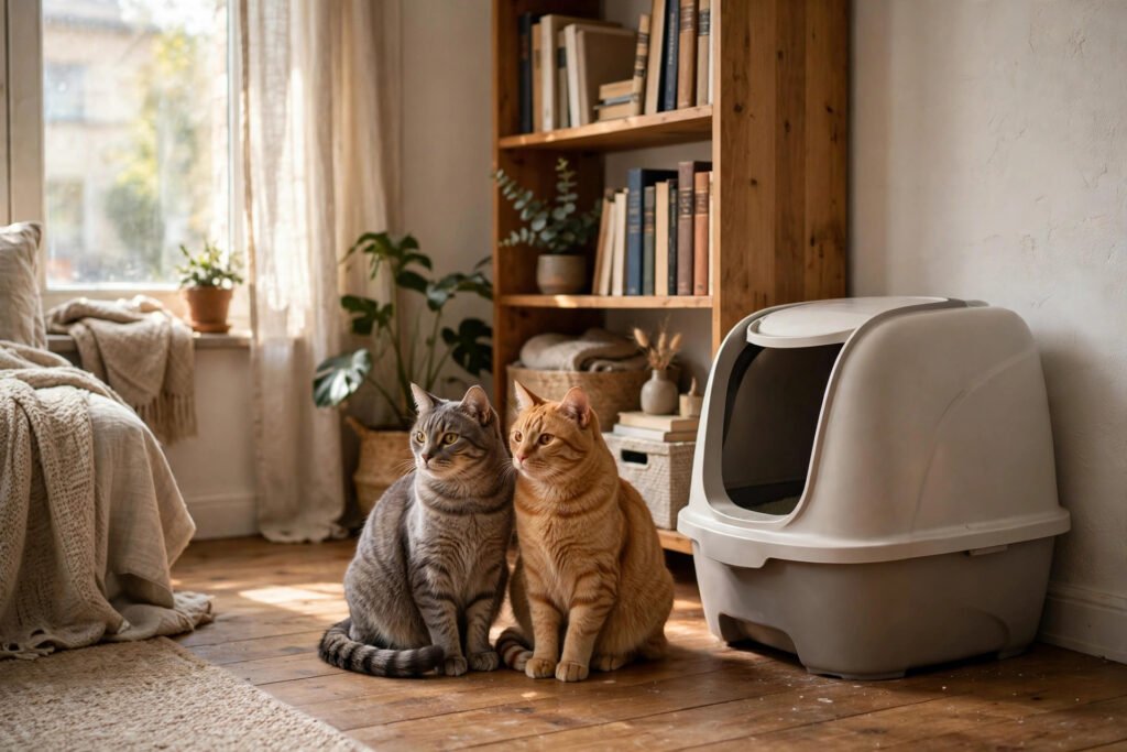 Two cats in a cozy apartment living room next to a hooded litter box