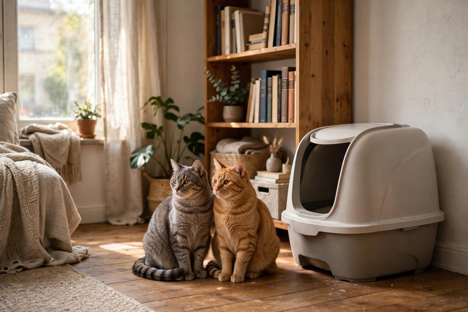 Two cats in a cozy apartment living room next to a hooded litter box