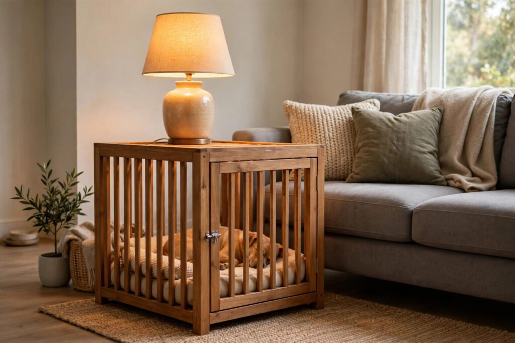 Wooden end-table style dog crate beside a sofa with a small dog resting inside