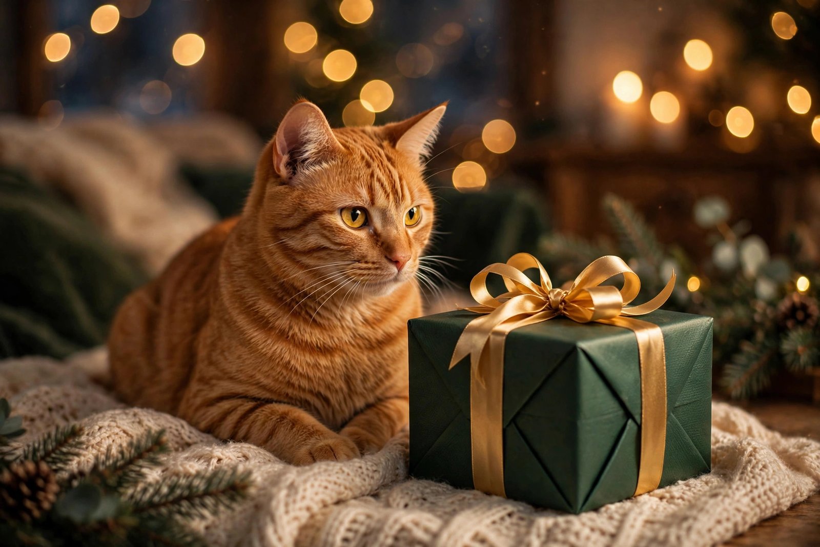 Orange tabby cat sitting beside an elegantly wrapped holiday gift box with gold ribbon
