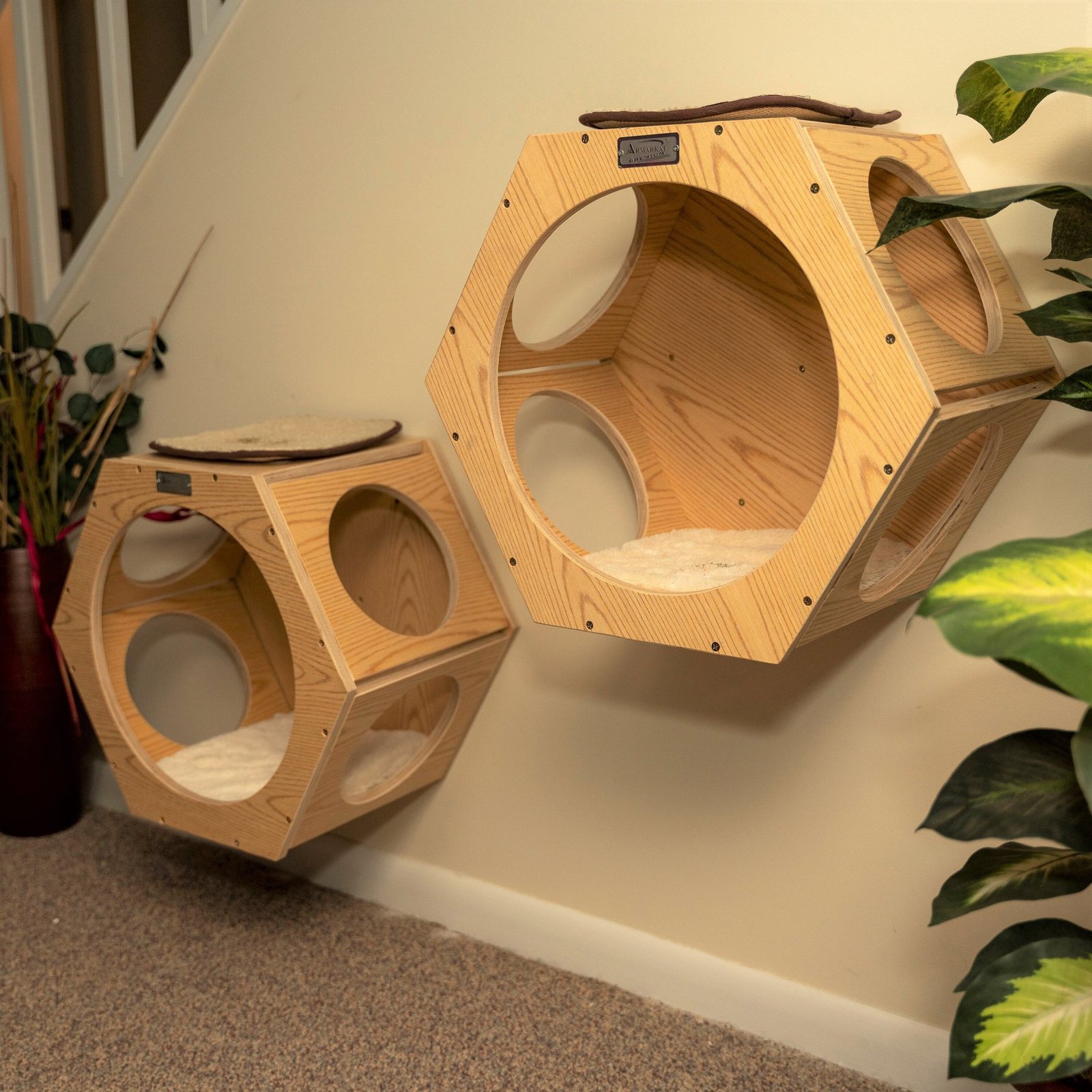 Armarkat Real Wood Cat Wall Additions, two natural beige wooden hexagonal wall-mounted cat shelves