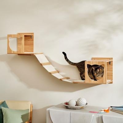 Frisco cat silhouette wall-mounted cat shelves with bridge bundle, two cubby nooks connected by a fabric bridge