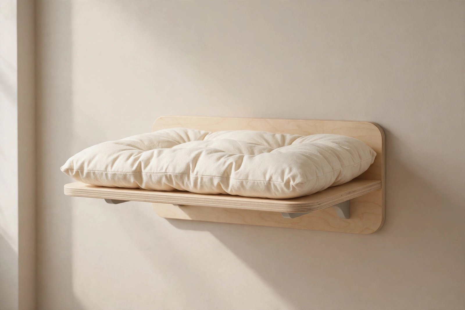 Light wooden wall-mounted cat shelf with a cream cushion, mounted on a beige apartment wall