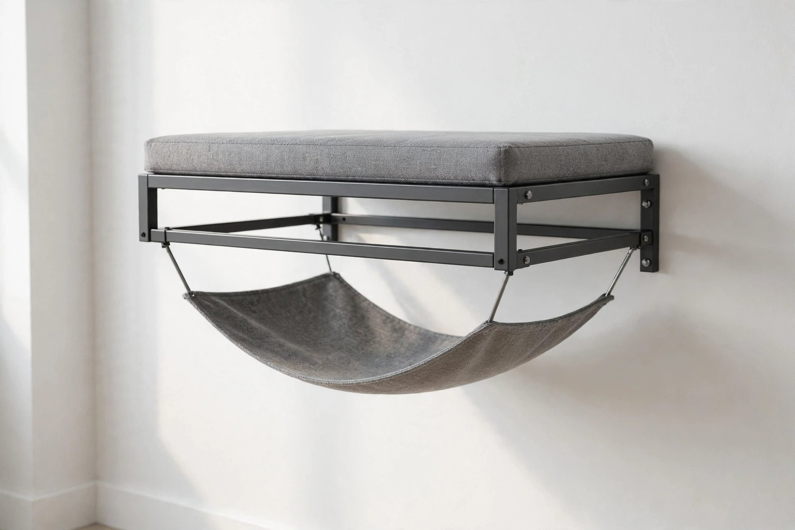Wall-mounted cat shelf with gray fabric perch and hanging hammock on a white apartment wall