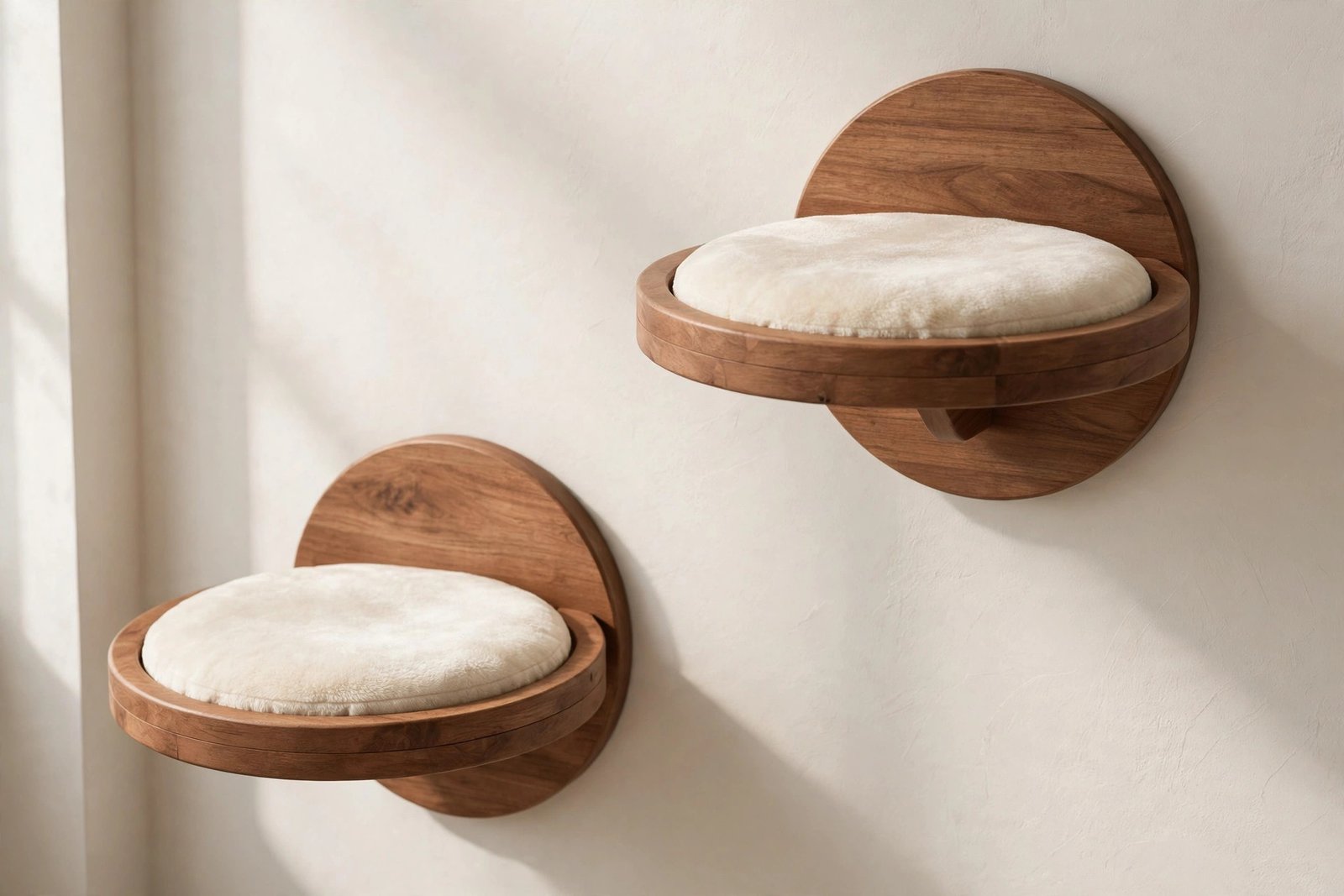 Two round brown rubberwood wall-mounted cat platforms with cream cushions on a light apartment wall