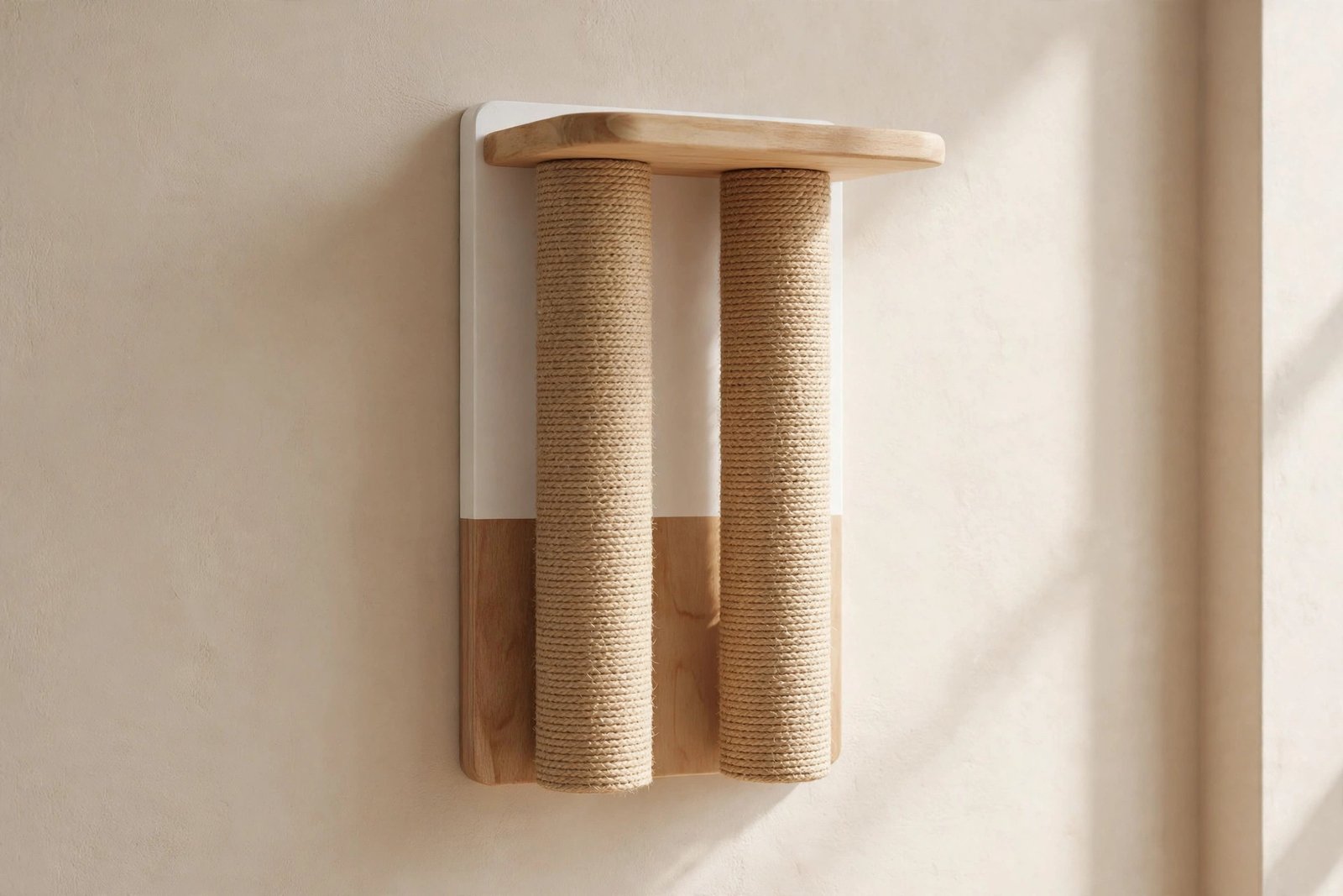 Wall-mounted cat scratching post with two sisal-wrapped posts and a wooden perch on top