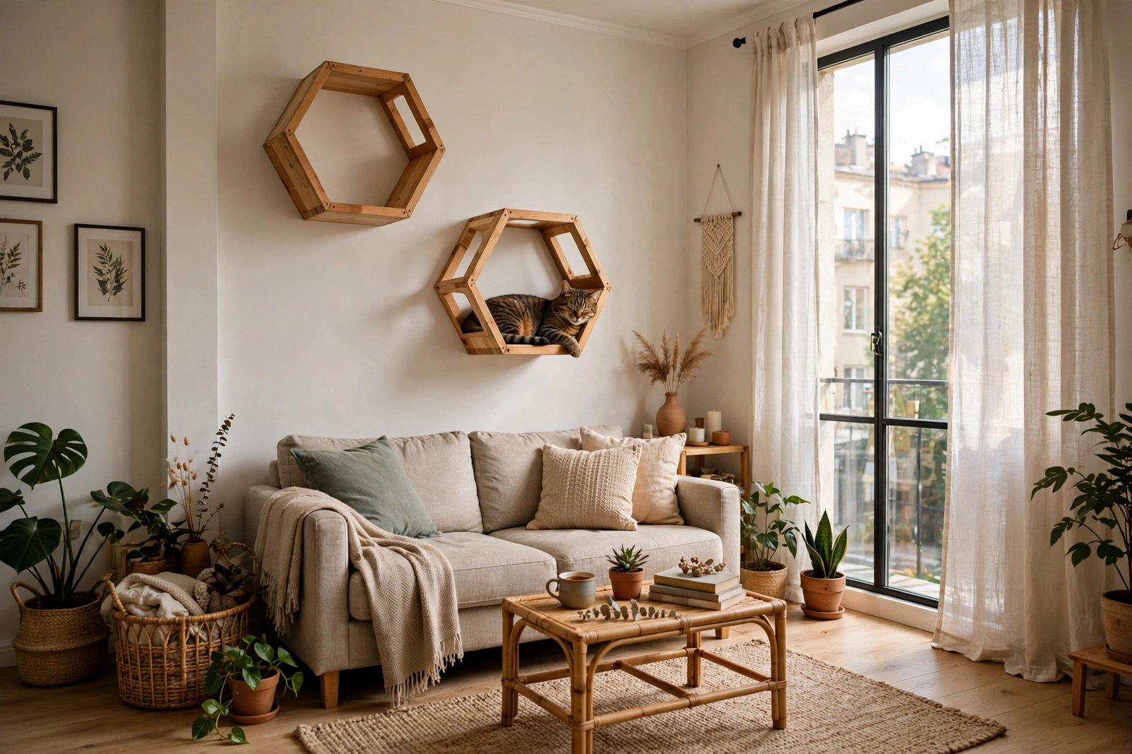 Two natural-wood hexagonal wall-mounted cat shelves with a lounging tabby cat in a bright apartment living room