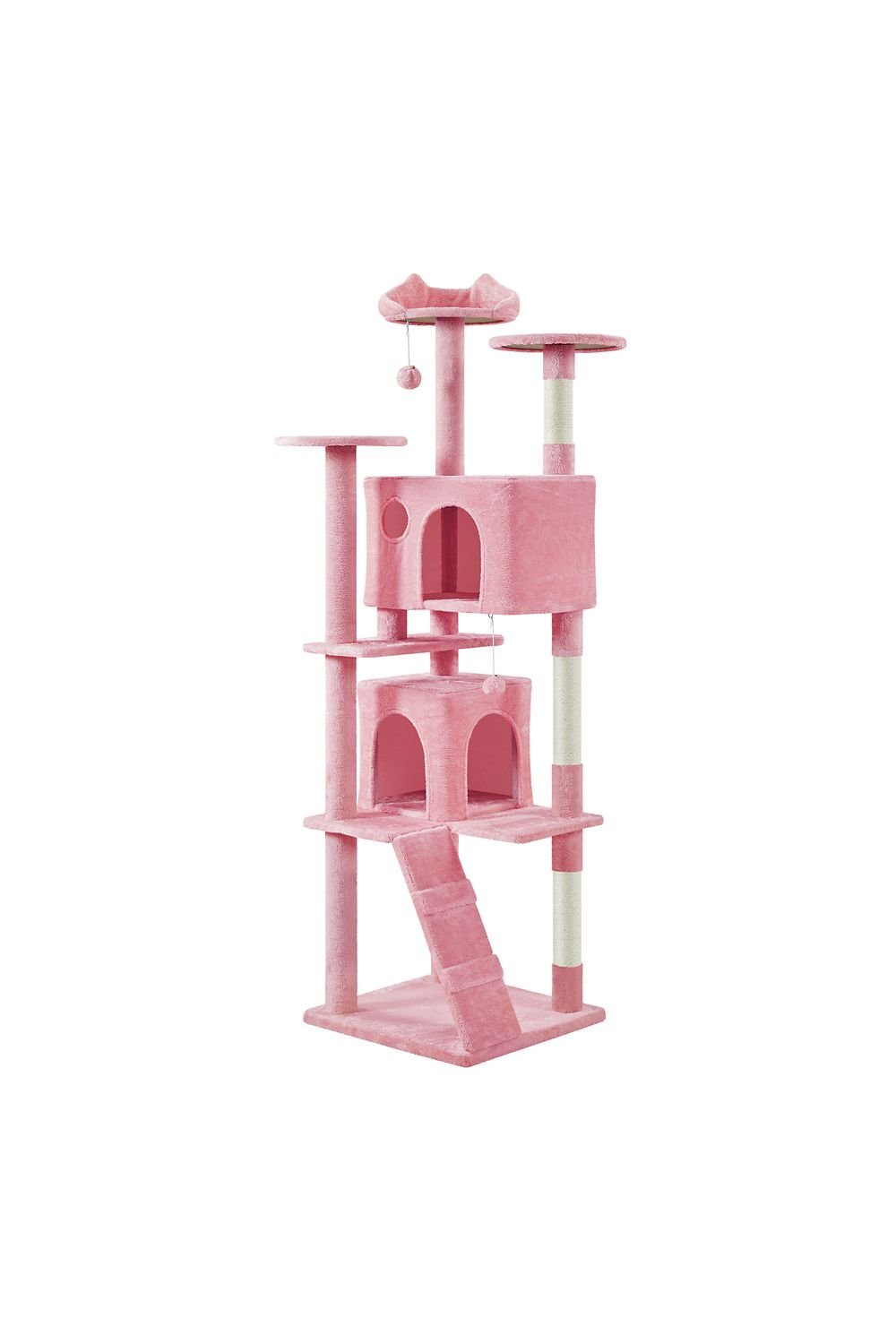 Yaheetech 80-in multi-level pink corner cat tree with two condos, perches, hammock and ladder