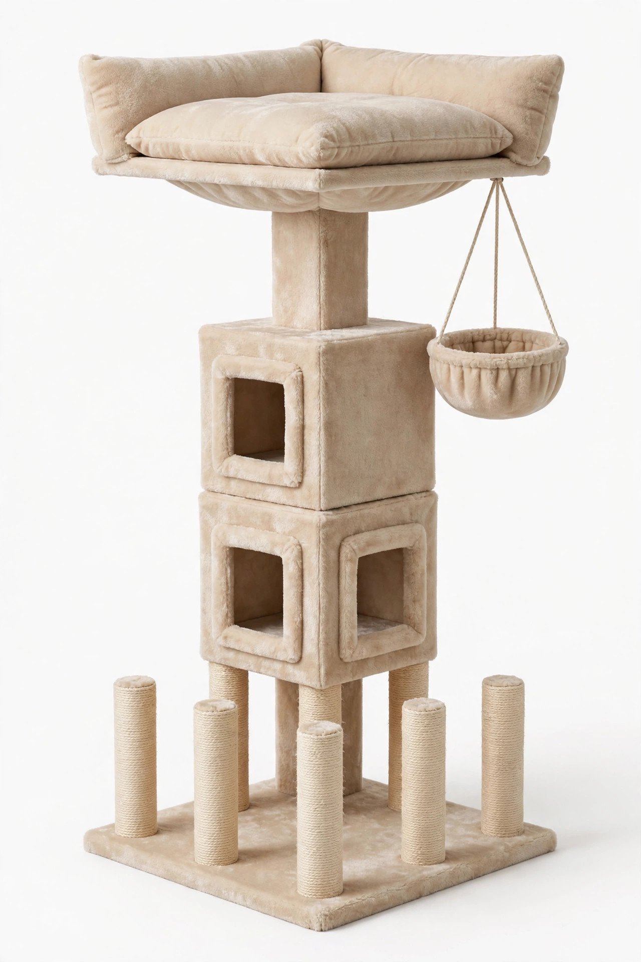 Tall beige plush corner cat tree with two stacked condos, enlarged top perch, hanging basket, and six sisal scratching posts
