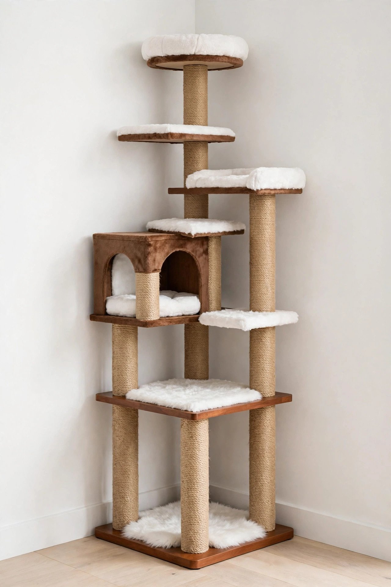 Tall multilevel brown-and-white corner cat tree with stacked perches and tan sisal accents